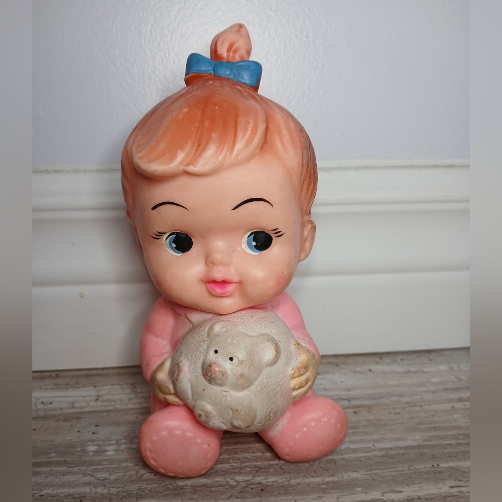 Vintage Mid-Century Rubber Baby Girl Rubber Toy With Teddy Bear Ball Collectible